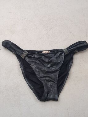 Black Metallic Bikini Bottom with Embellished Side Accents